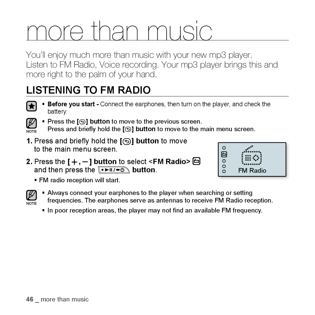 Samsung YP-U3ZB/NWT manual More than music, Listening to FM Radio, Press the , button to select FM Radio Then press Button 