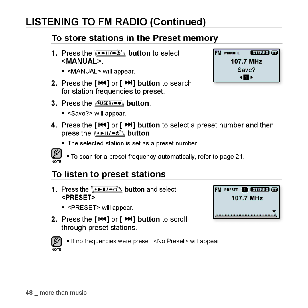 Samsung YP-U3JZW/XEF manual To store stations in the Preset memory, To listen to preset stations, Press Button to select 