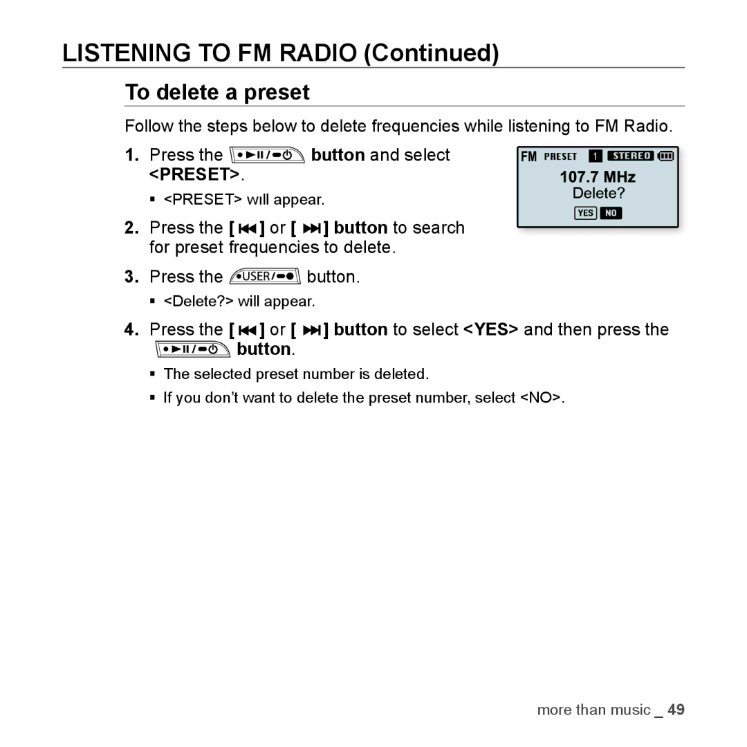 Samsung YP-U3JZB/XEF, YP-U3JZW/XEF, YP-U3JZP/XEF manual To delete a preset, Press the or button to select YES and then press 