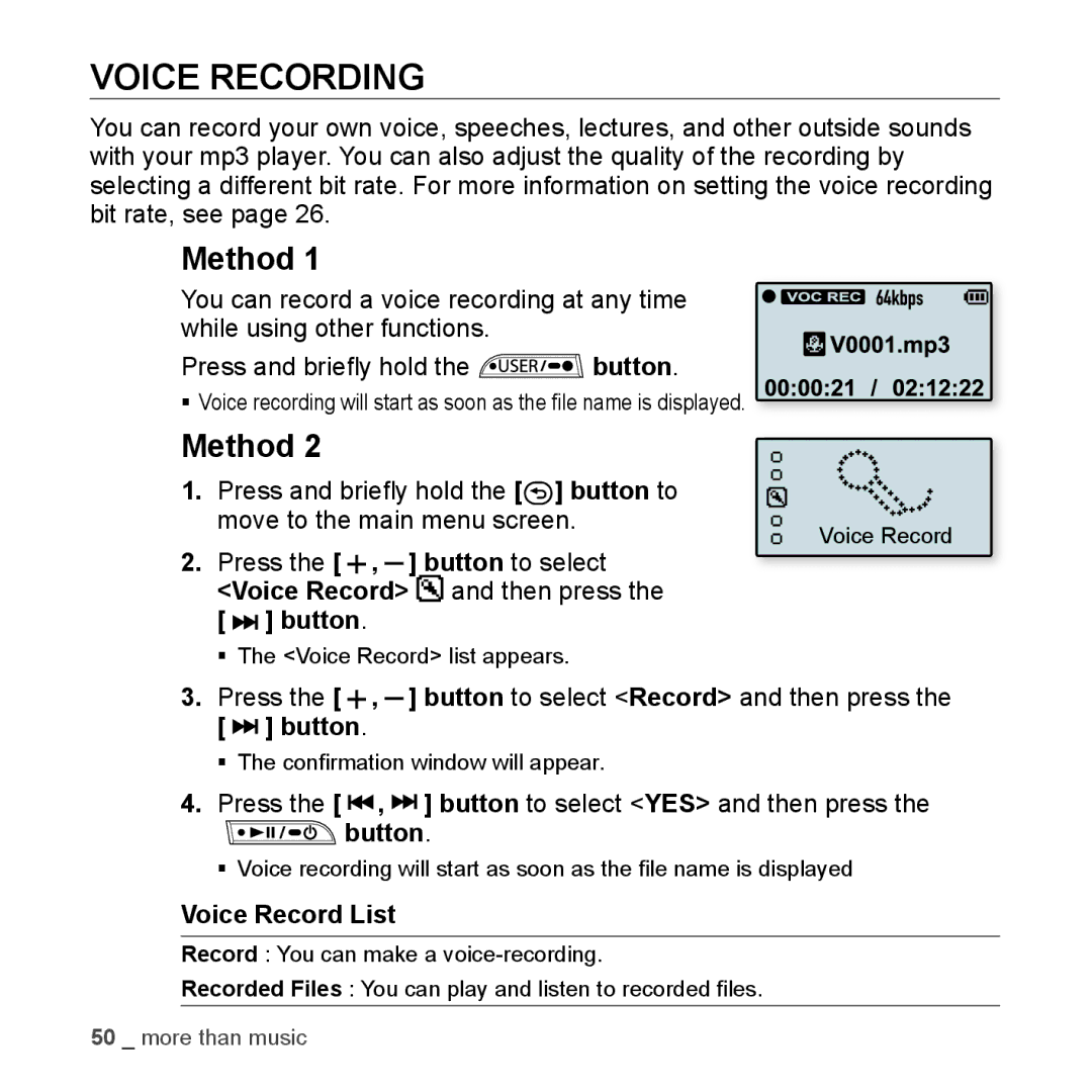 Samsung YP-U3JZP/XEF, YP-U3JZW/XEF, YP-U3JZB/XEF Voice Recording, Method, Move to the main menu screen, Voice Record List 