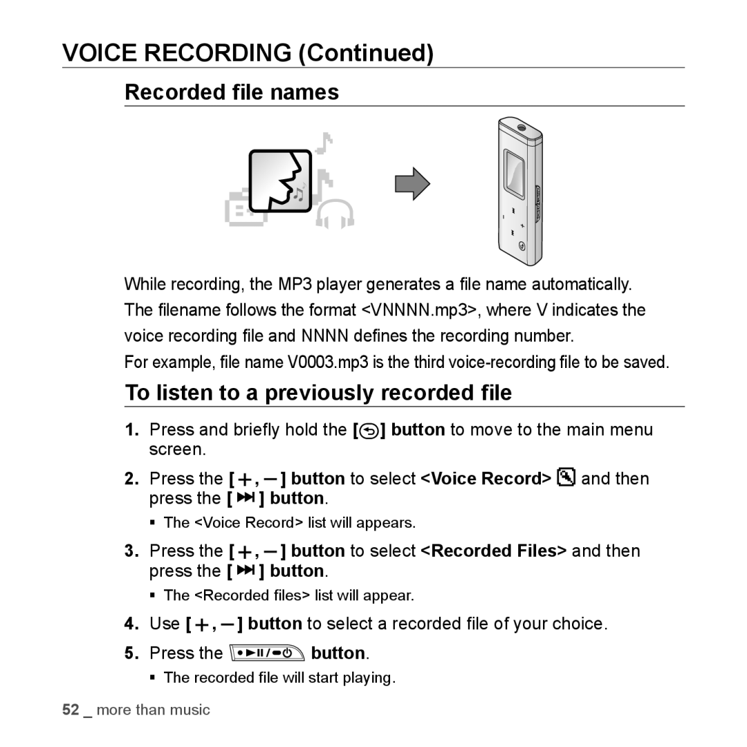 Samsung YP-U2RZB/XEF, YP-U3JZW/XEF, YP-U3JZB/XEF, YP-U3JZP/XEF Recorded ﬁle names, To listen to a previously recorded ﬁle 