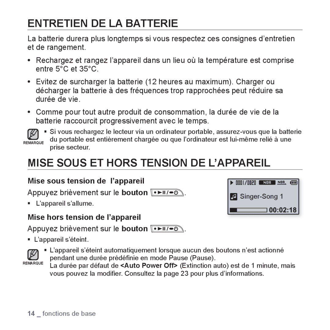 Samsung YP-U3JQL/XEF Entretien DE LA Batterie, Mise Sous ET Hors Tension DE L’APPAREIL, Mise sous tension de l’appareil 