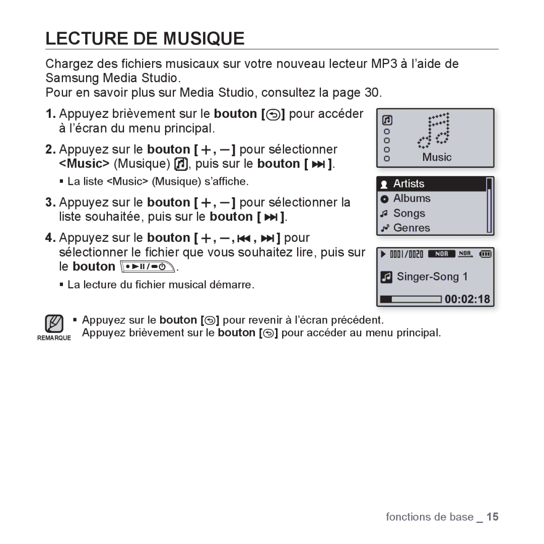 Samsung YP-U3JAW/XEF, YP-U3JZW/XEF, YP-U3JZB/XEF Lecture DE Musique, Liste souhaitée, puis sur le bouton, Pour, Le bouton 