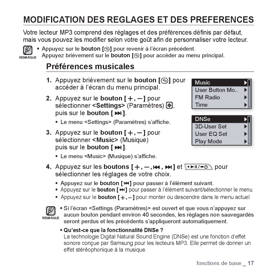 Samsung YP-U3JZB/XEF, YP-U3JZW/XEF, YP-U3JZP/XEF Modification DES Reglages ET DES Preferences, Préférences musicales, Pour 