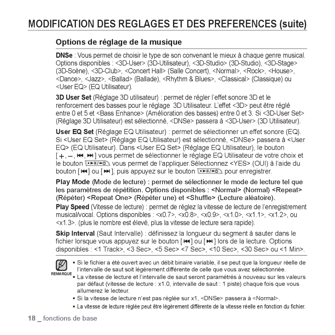 Samsung YP-U3JZP/XEF, YP-U3JZW/XEF Modification DES Reglages ET DES Preferences suite, Options de réglage de la musique 