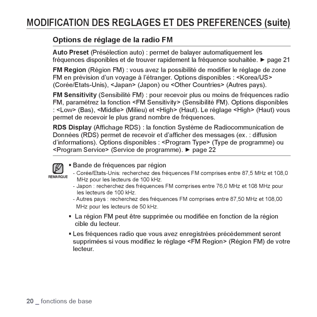 Samsung YP-U2RZB/XEF, YP-U3JZW/XEF, YP-U3JZB/XEF, YP-U3JZP/XEF, YP-U3JAB/XEF, YP-U2RZB/ELS Options de réglage de la radio FM 