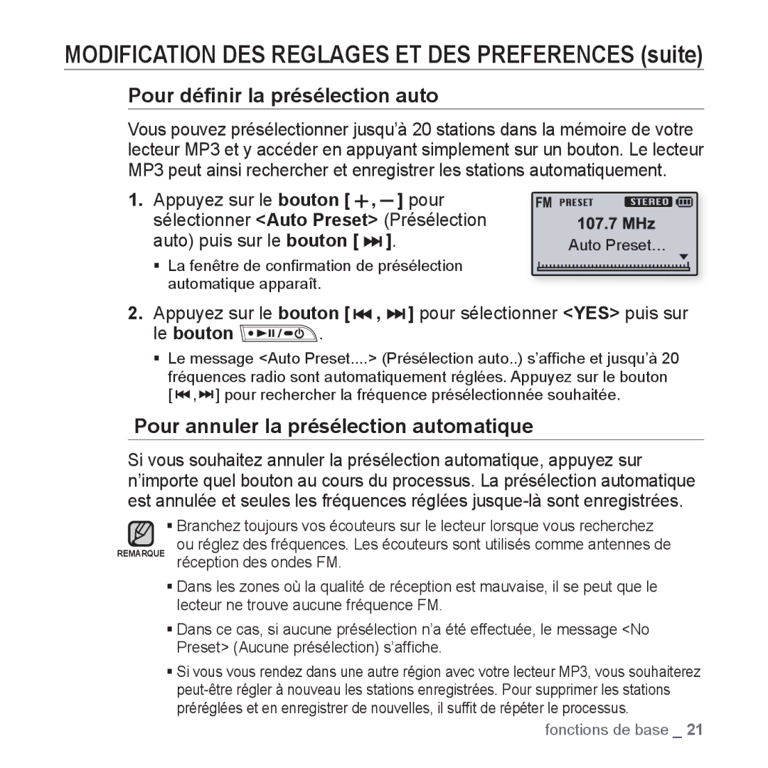 Samsung YP-U2RZB/ELS manual Sélectionner Auto Preset Présélection, Appuyez sur le bouton , pour sélectionner YES puis sur 