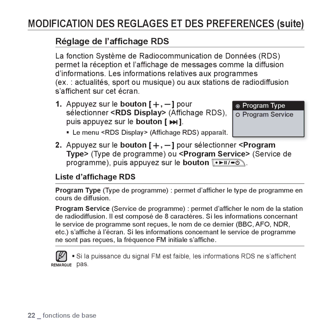 Samsung YP-U3JQB/XEF, YP-U3JZW/XEF, YP-U3JZB/XEF, YP-U3JZP/XEF Programme, puis appuyez sur le bouton, Liste d’afﬁchage RDS 