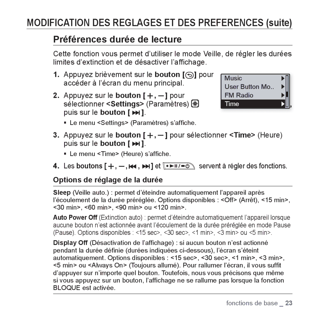 Samsung YP-U3JQL/XEF, YP-U3JZW/XEF Les boutons , , , et servent à régler des fonctions, Options de réglage de la durée 