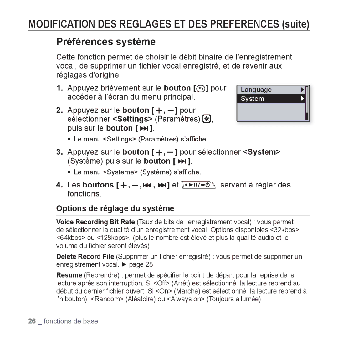 Samsung YP-U3JZB/XEF, YP-U3JZW/XEF, YP-U3JZP/XEF, YP-U3JAB/XEF, YP-U2RZB/XEF, YP-U2RZB/ELS manual Options de réglage du système 