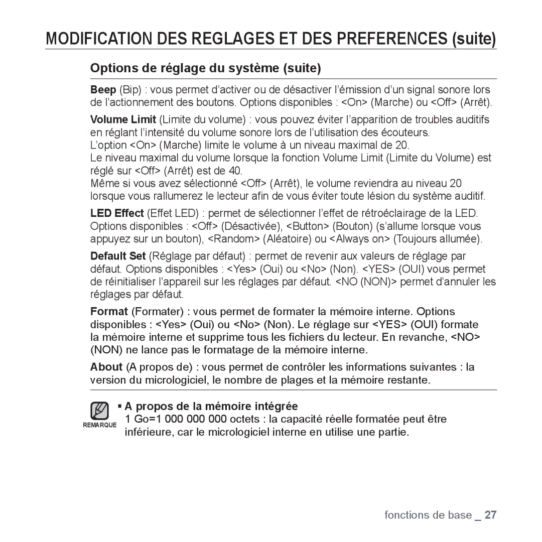 Samsung YP-U3JZP/XEF, YP-U3JZW/XEF, YP-U3JZB/XEF Options de réglage du système suite, ƒ a propos de la mémoire intégrée 