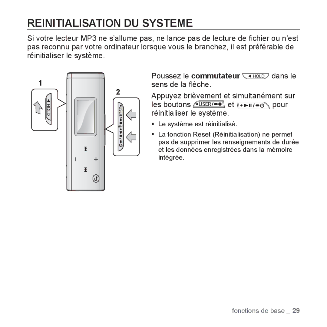 Samsung YP-U2RZB/XEF, YP-U3JZW/XEF, YP-U3JZB/XEF, YP-U3JZP/XEF, YP-U3JAB/XEF, YP-U2RZB/ELS manual Reinitialisation DU Systeme 