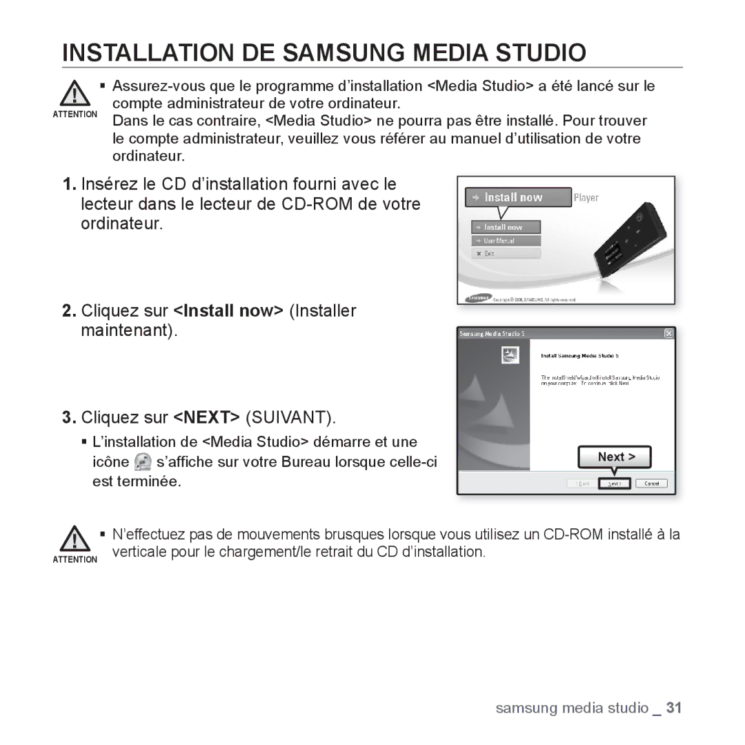 Samsung YP-U3JQB/XEF, YP-U3JZW/XEF manual Installation DE Samsung Media Studio, Cliquez sur Install now Installer maintenant 