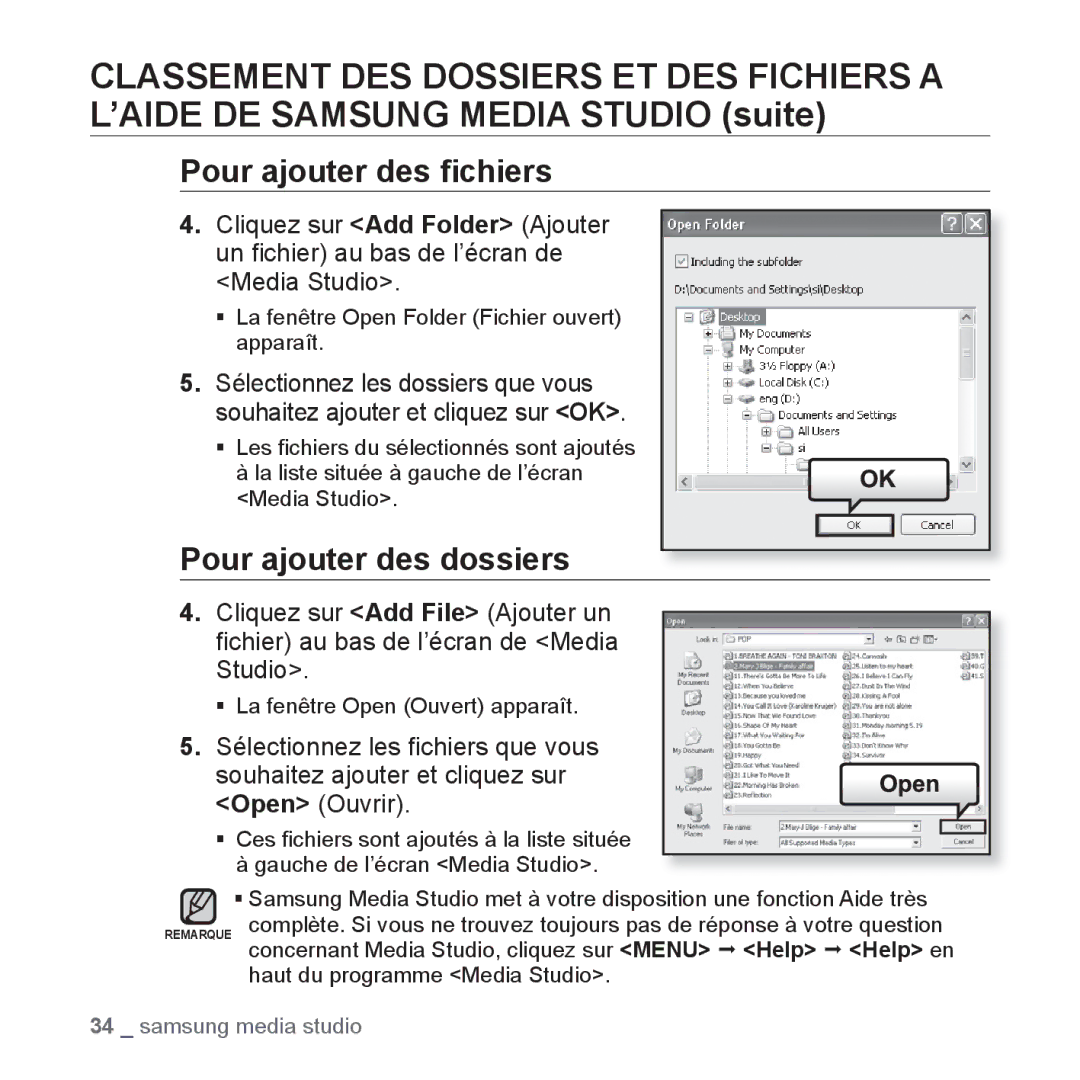 Samsung YP-U3JZW/XEF, YP-U3JZB/XEF, YP-U3JZP/XEF, YP-U3JAB/XEF manual Pour ajouter des ﬁchiers, Pour ajouter des dossiers 