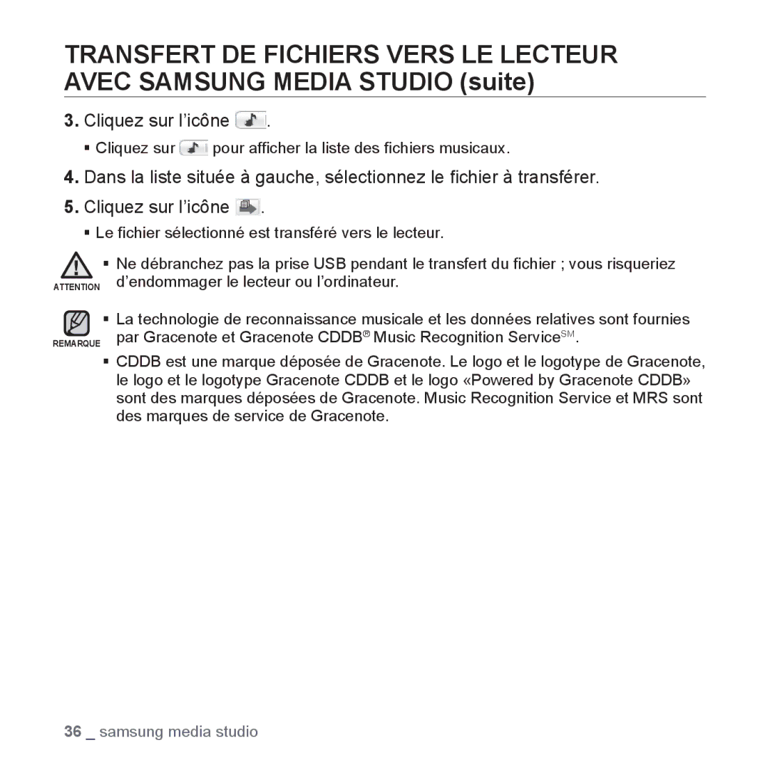 Samsung YP-U3JZP/XEF, YP-U3JZW/XEF, YP-U3JZB/XEF, YP-U3JAB/XEF manual ƒ Cliquez sur pour afﬁcher la liste des ﬁchiers musicaux 