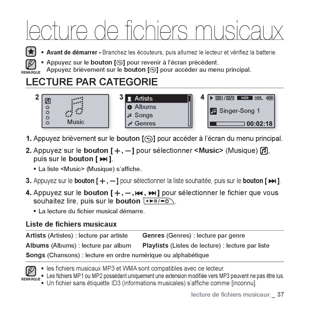 Samsung YP-U3JAB/XEF, YP-U3JZW/XEF, YP-U3JZB/XEF, YP-U3JZP/XEF, YP-U2RZB/XEF Lecture PAR Categorie, Liste de ﬁchiers musicaux 