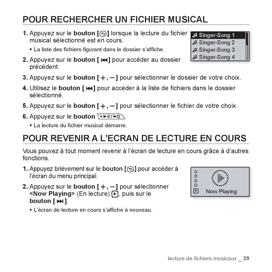 Samsung YP-U2RZB/ELS Pour Rechercher UN Fichier Musical, Pour Revenir a L’ECRAN DE Lecture EN Cours, Pour sélectionner 