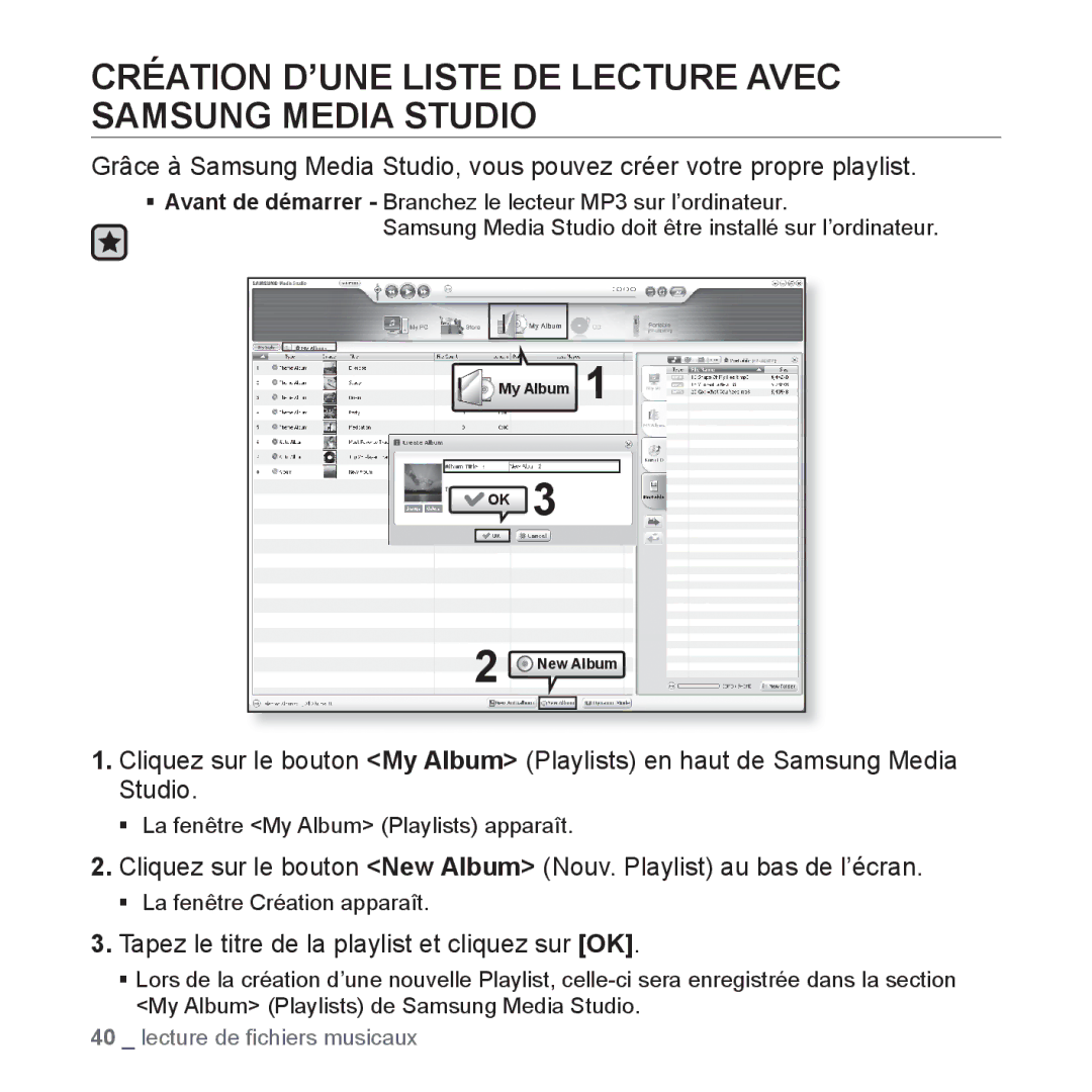 Samsung YP-U3JQB/XEF, YP-U3JZW/XEF, YP-U3JZB/XEF, YP-U3JZP/XEF Création D’UNE Liste DE Lecture Avec Samsung Media Studio 