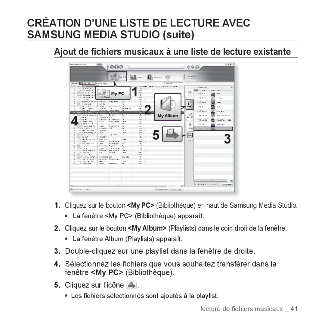 Samsung YP-U3JQL/XEF, YP-U3JZW/XEF, YP-U3JZB/XEF, YP-U3JZP/XEF Ajout de ﬁchiers musicaux à une liste de lecture existante 