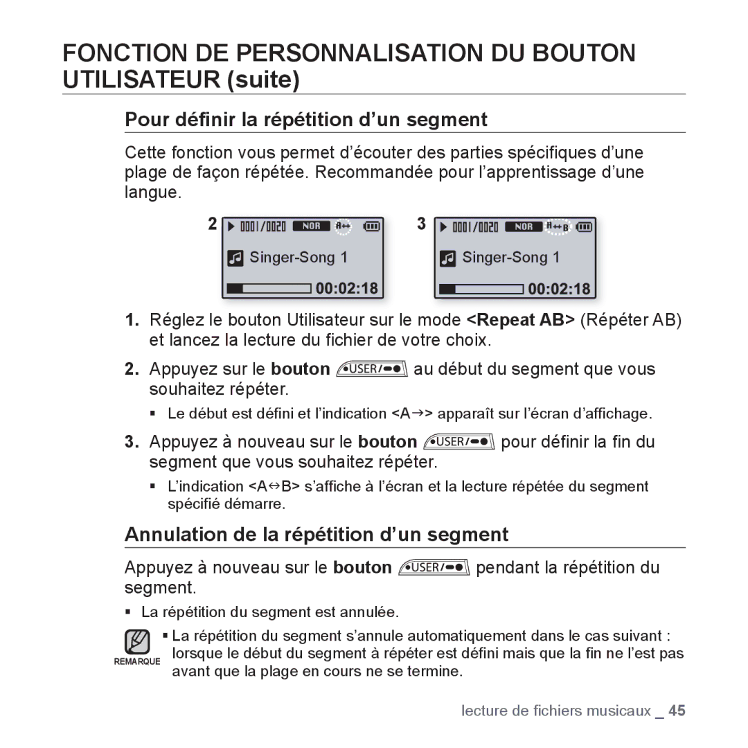 Samsung YP-U3JZP/XEF, YP-U3JZW/XEF, YP-U3JZB/XEF, YP-U3JAB/XEF manual Fonction DE Personnalisation DU Bouton Utilisateur suite 