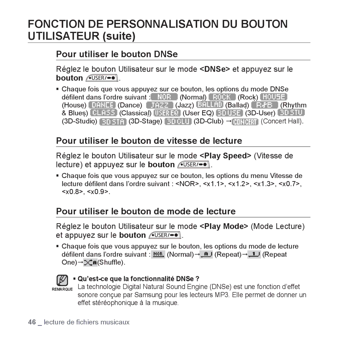 Samsung YP-U3JAB/XEF, YP-U3JZW/XEF, YP-U3JZB/XEF, YP-U3JZP/XEF, YP-U2RZB/XEF, YP-U2RZB/ELS manual Pour utiliser le bouton DNSe 