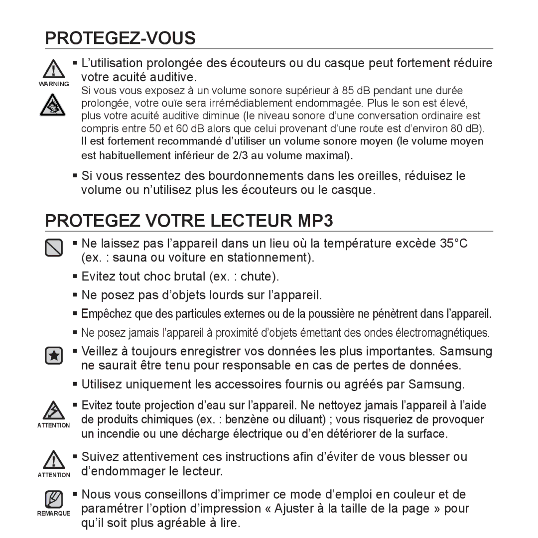 Samsung YP-U2RZB/ELS, YP-U3JZW/XEF, YP-U3JZB/XEF, YP-U3JZP/XEF, YP-U3JAB/XEF, YP-U2RZB/XEF manual Protegez Votre Lecteur MP3 