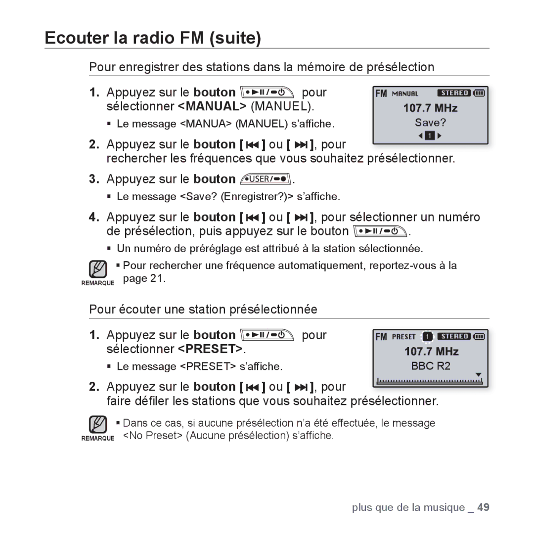 Samsung YP-U3JQB/XEF manual Appuyez sur le bouton ou Pour, Faire déﬁler les stations que vous souhaitez présélectionner 