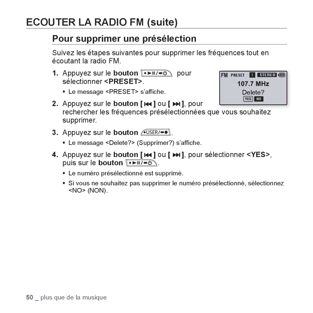 Samsung YP-U3JQL/XEF, YP-U3JZW/XEF, YP-U3JZB/XEF, YP-U3JZP/XEF, YP-U3JAB/XEF, YP-U2RZB/XEF Pour supprimer une présélection 