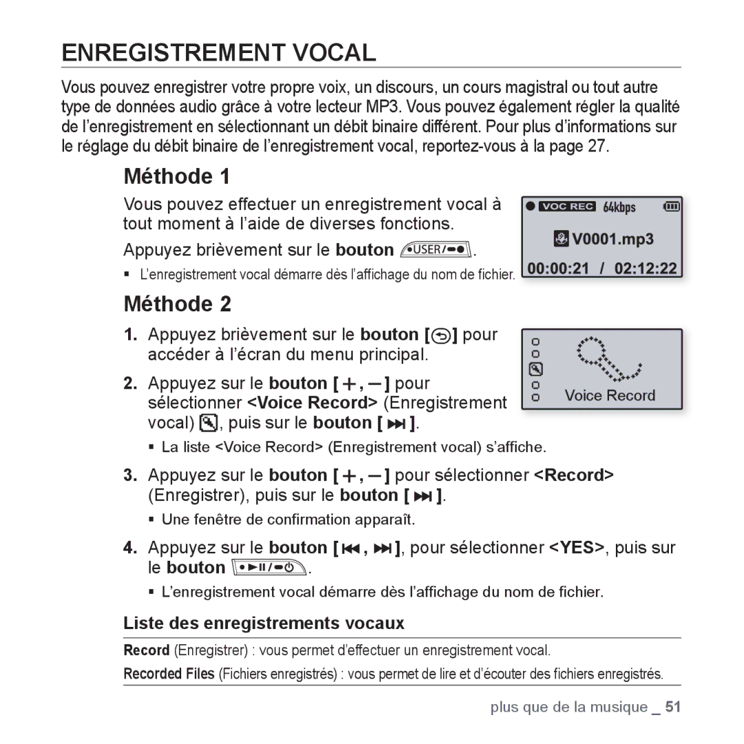 Samsung YP-U3JAW/XEF, YP-U3JZW/XEF, YP-U3JZB/XEF manual Enregistrement Vocal, Méthode, Liste des enregistrements vocaux 