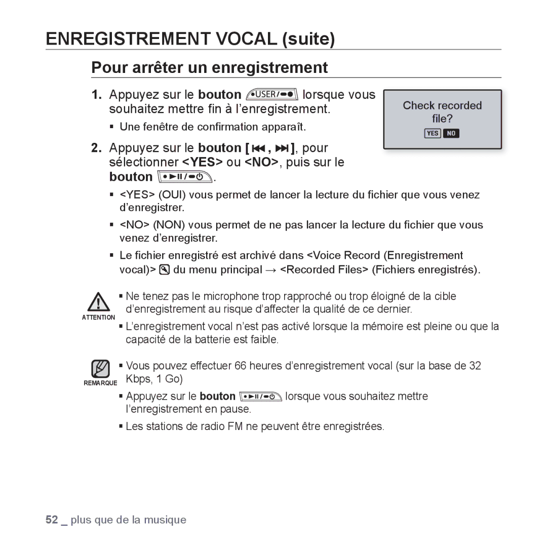 Samsung YP-U3JZW/XEF, YP-U3JZB/XEF, YP-U3JZP/XEF, YP-U3JAB/XEF Enregistrement Vocal suite, Pour arrêter un enregistrement 