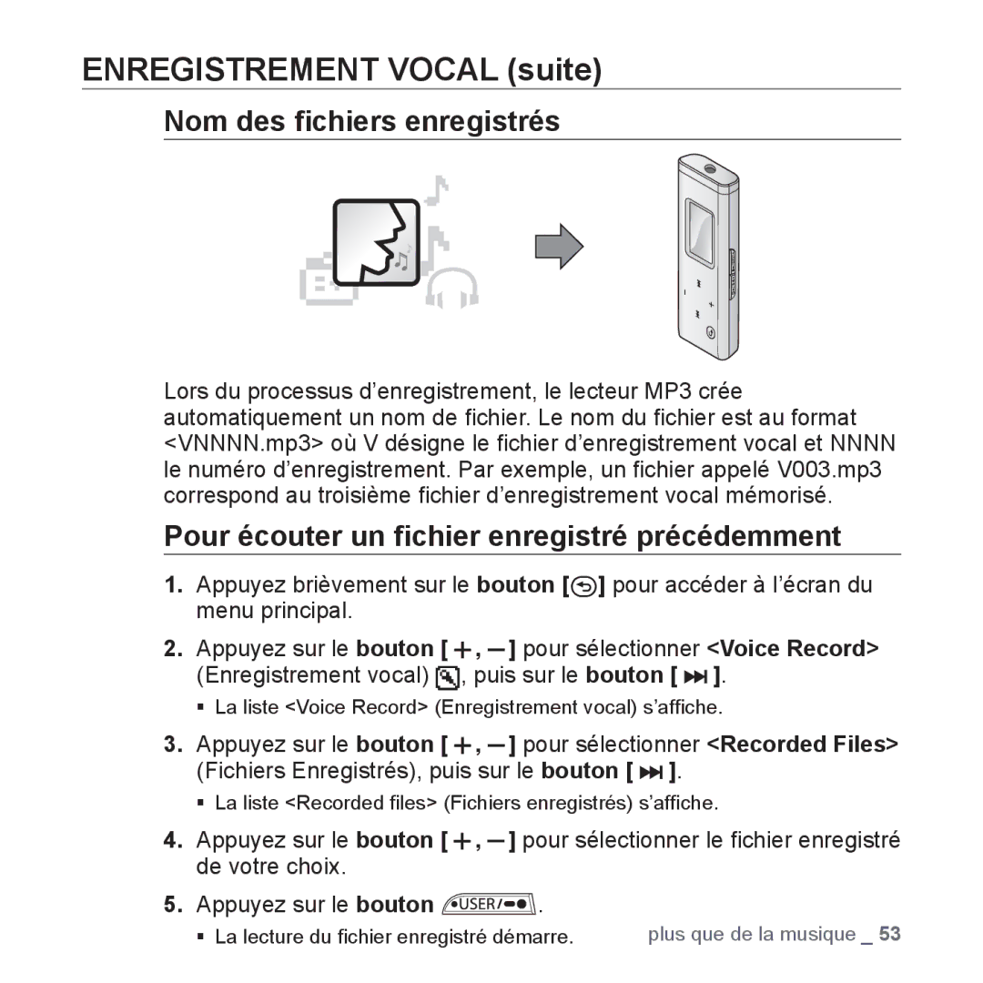 Samsung YP-U3JZB/XEF, YP-U3JZW/XEF manual Nom des ﬁchiers enregistrés, Pour écouter un ﬁchier enregistré précédemment 