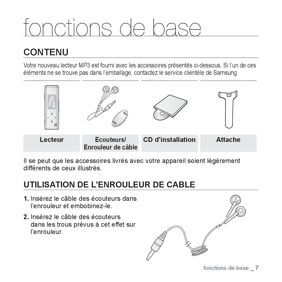 Samsung YP-U3JZW/XEF, YP-U3JZB/XEF, YP-U3JZP/XEF, YP-U3JAB/XEF manual Fonctions de base, Contenu, Lecteur, CD d’installation 