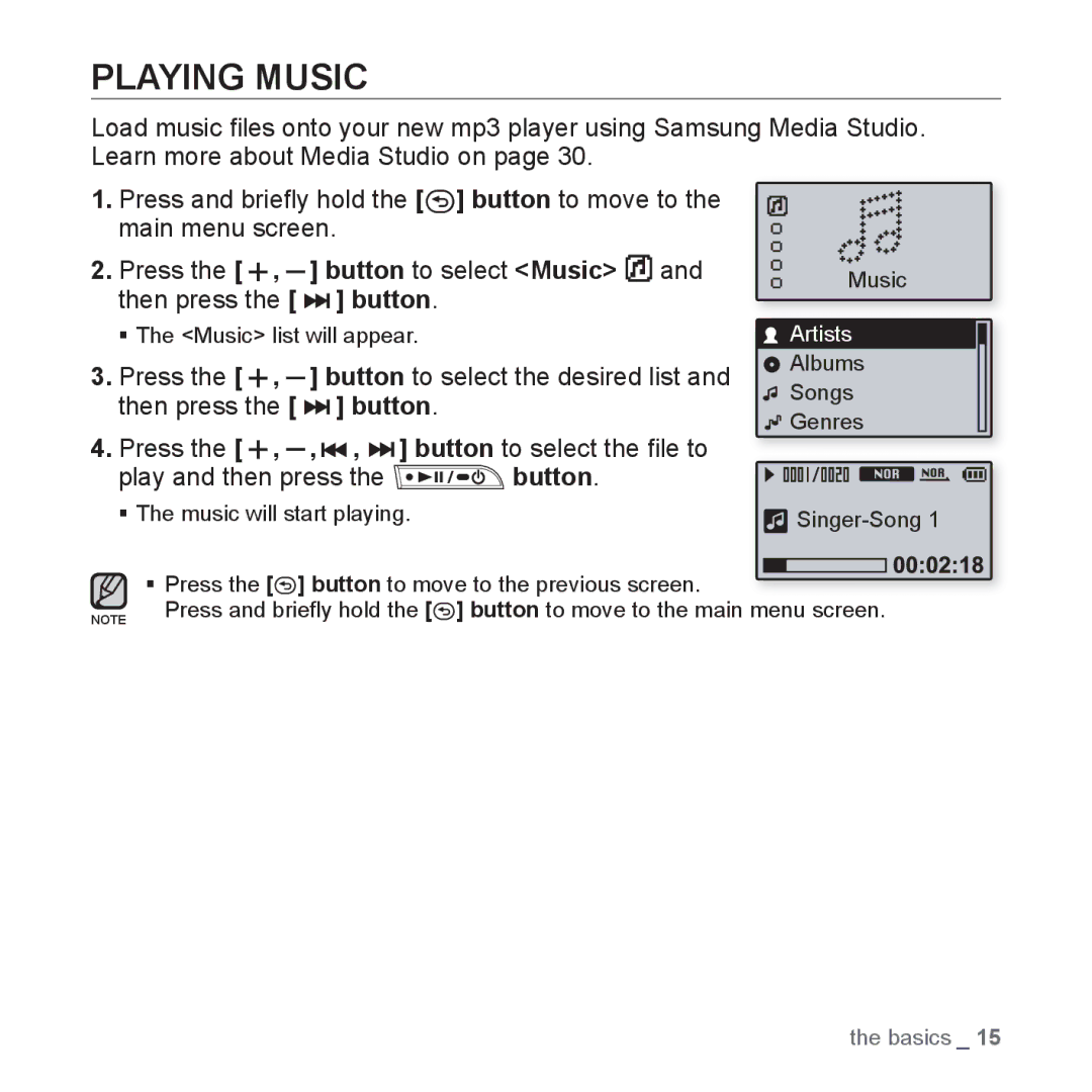 Samsung YP-U3JZW/XET, YP-U3JZW/XEF, YP-U3JZB/XEF, YP-U3ZB/XET Playing Music, Press Button to select Music, Then press Button 