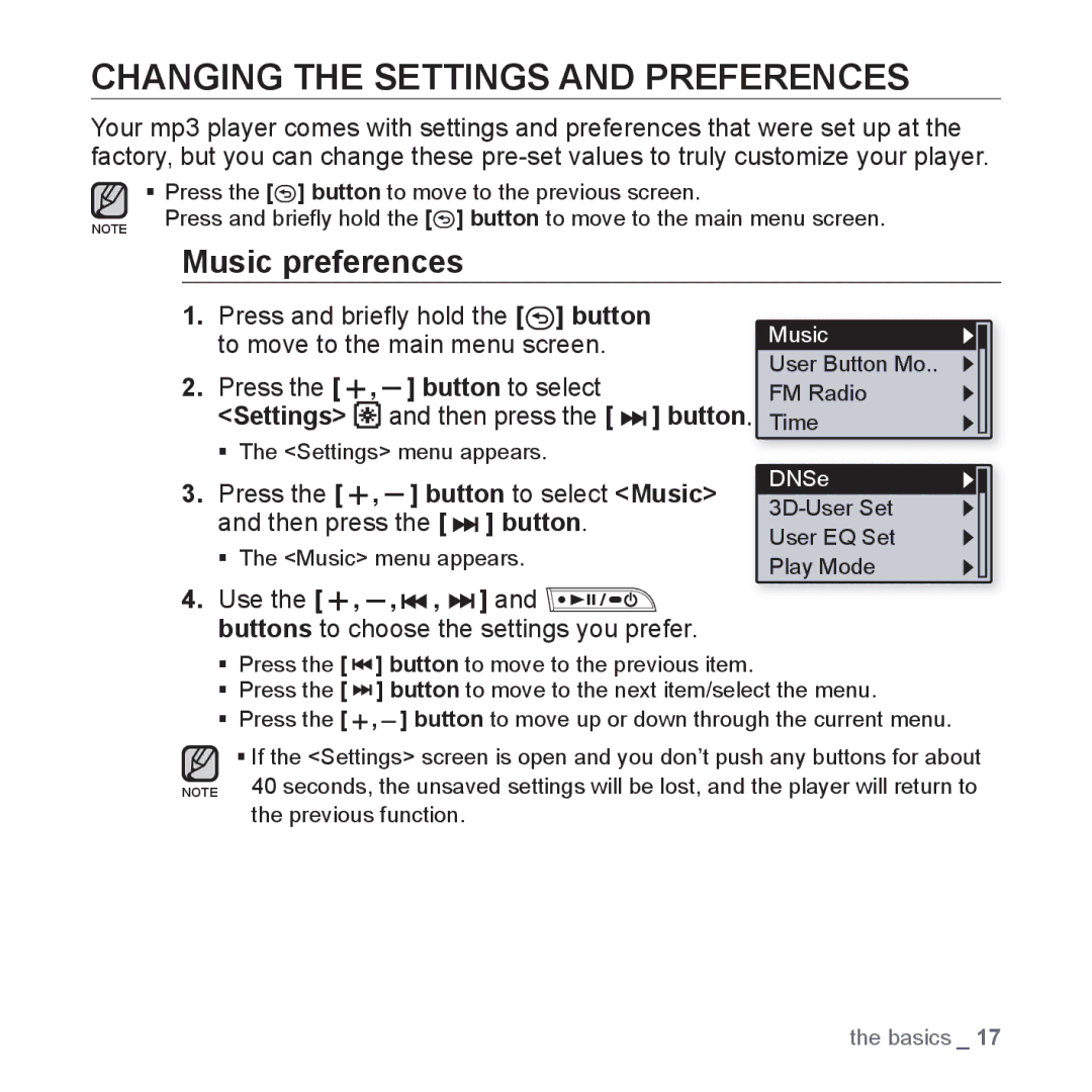 Samsung YP-U3JQB/XET, YP-U3JZW/XEF Changing the Settings and Preferences, Music preferences, Press the , button to select 