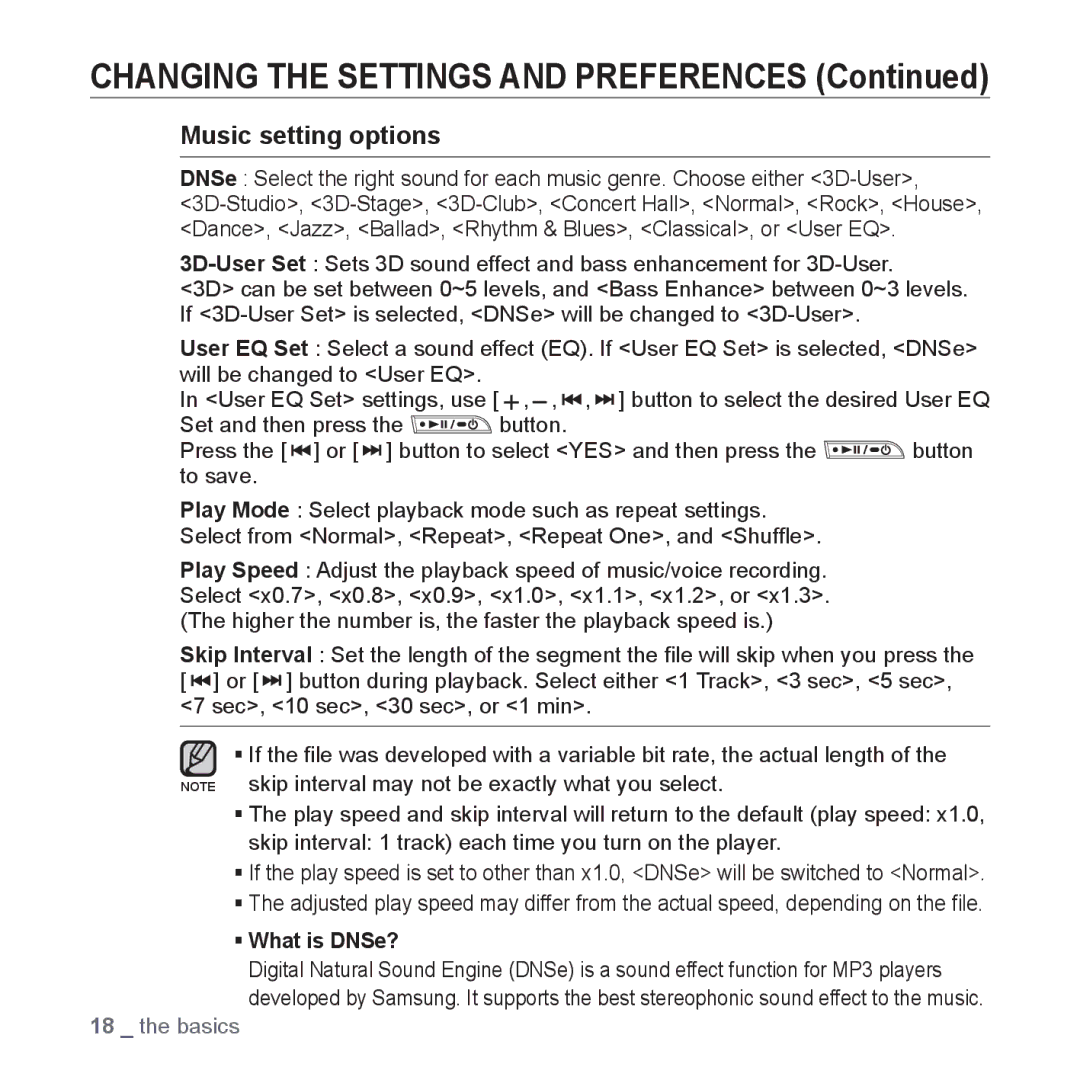 Samsung YP-U3JZG/XET, YP-U3JZW/XEF, YP-U3JZB/XEF, YP-U3JZP/XEF Changing the Settings and Preferences, Music setting options 