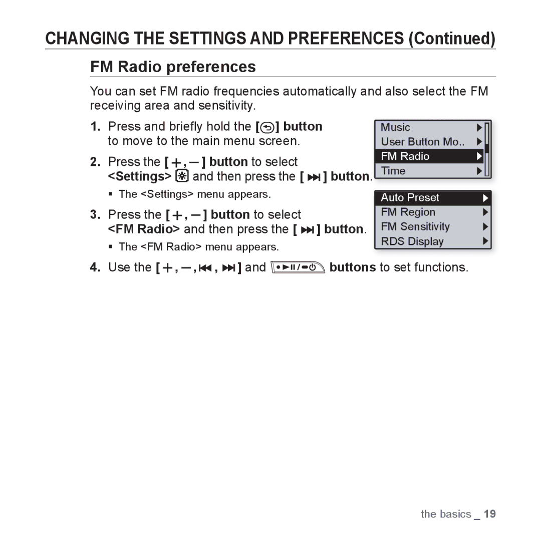 Samsung YP-U3JQG/XET FM Radio preferences, FM Radio and then press the button, Use the , , , and buttons to set functions 