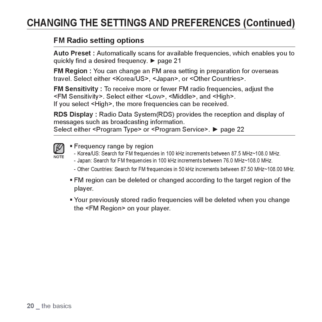 Samsung YP-U3JQP/XET, YP-U3JZW/XEF, YP-U3JZB/XEF, YP-U3JZP/XEF, YP-U3JAB/XEF, YP-U2RZB/XEF manual FM Radio setting options 