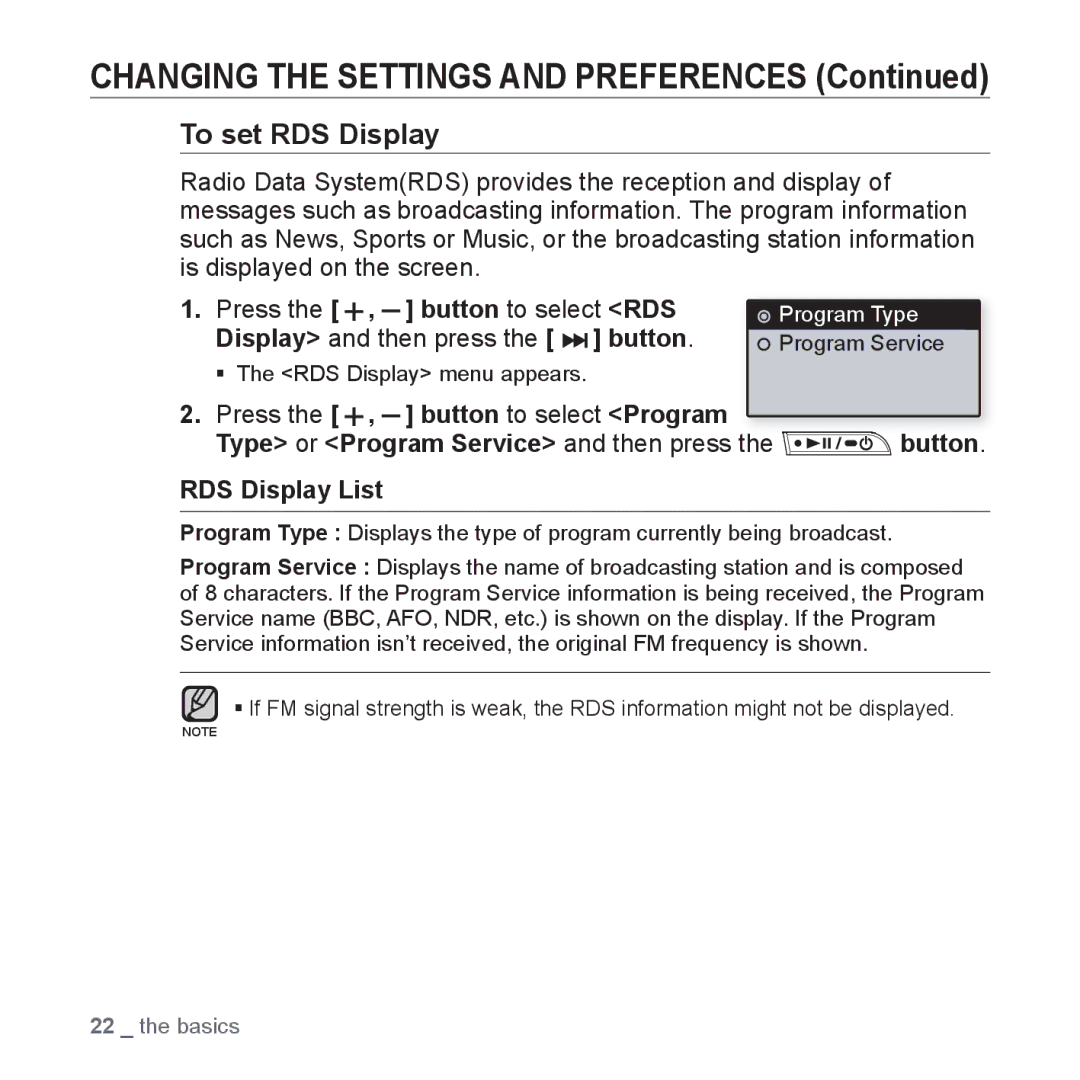 Samsung YP-U3JAW/XEO, YP-U3JZW/XEF, YP-U3JZB/XEF, YP-U3JZP/XEF Press Button to select RDS, Display and then press the button 