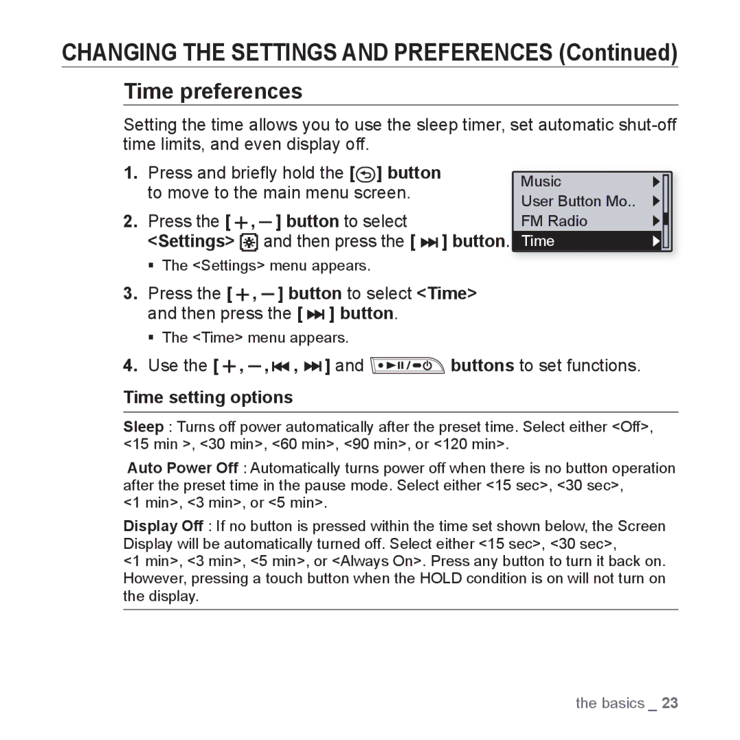 Samsung YP-U3JZG/XEO Time preferences, Press the , button to select Time and then press the button, Time setting options 