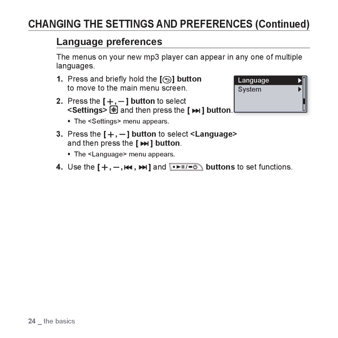 Samsung YP-U3JQP/XEO, YP-U3JZW/XEF, YP-U3JZB/XEF, YP-U3JZP/XEF, YP-U3JAB/XEF, YP-U2RZB/XEF, YP-U2RZB/ELS Language preferences 