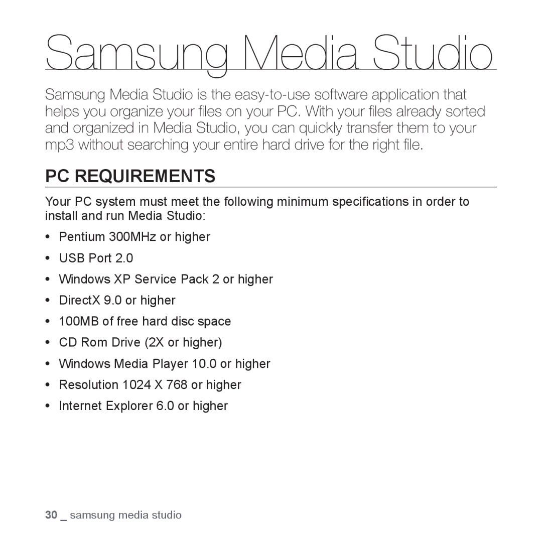 Samsung YP-U3JZP/XEO, YP-U3JZW/XEF, YP-U3JZB/XEF, YP-U3JZP/XEF, YP-U3JAB/XEF manual Samsung Media Studio, PC Requirements 