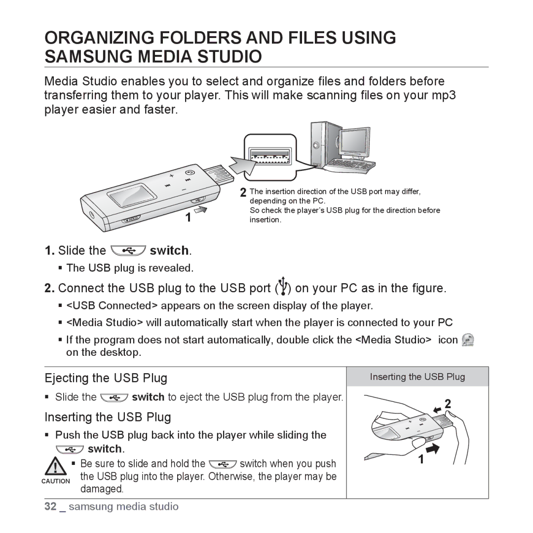 Samsung YP-U3JQB/XEO, YP-U3JZW/XEF manual Organizing Folders and Files Using Samsung Media Studio, Ejecting the USB Plug 