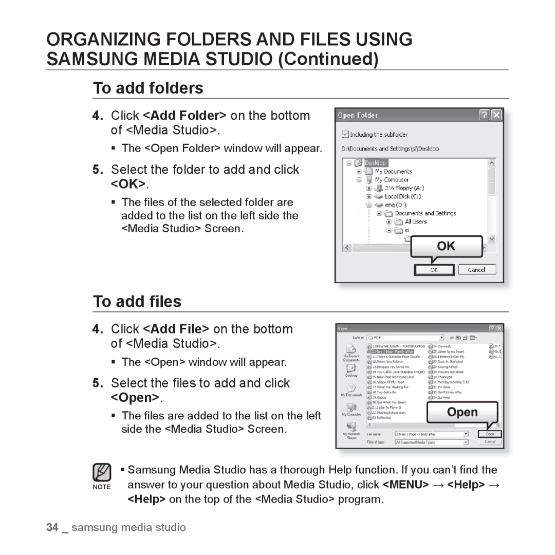 Samsung YP-U3ZB/HAC, YP-U3JZW/XEF, YP-U3JZB/XEF, YP-U3JZP/XEF, YP-U3JAB/XEF, YP-U2RZB/XEF manual To add folders, To add ﬁles 