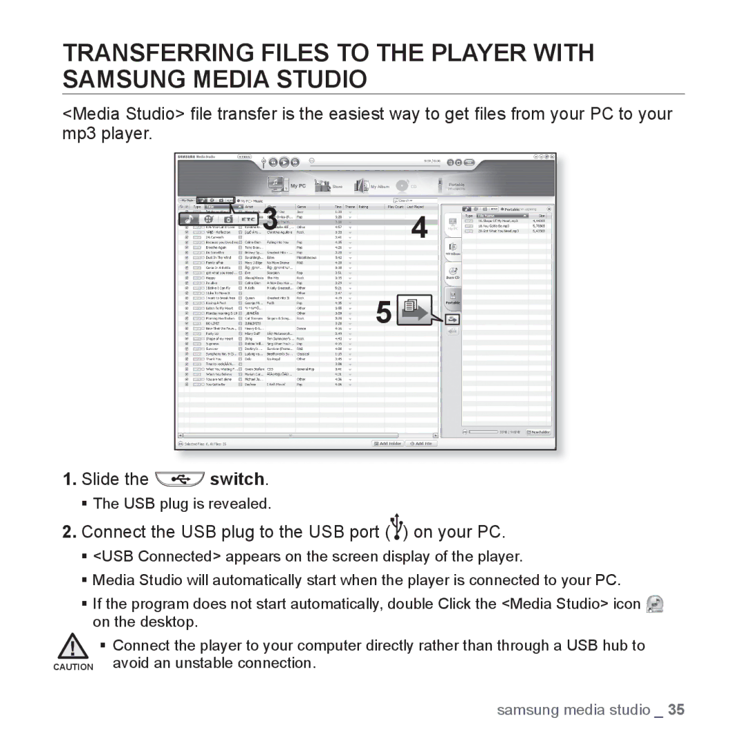 Samsung YP-U3AB/MEA, YP-U3JZW/XEF, YP-U3JZB/XEF, YP-U3JZP/XEF Transferring Files to the Player with Samsung Media Studio 