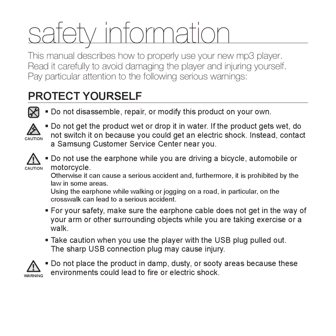 Samsung YP-U2RZB/XEF, YP-U3JZW/XEF, YP-U3JZB/XEF, YP-U3JZP/XEF, YP-U3JAB/XEF, YP-U2RZB/ELS, YP-U3JQB/XEF manual Protect Yourself 