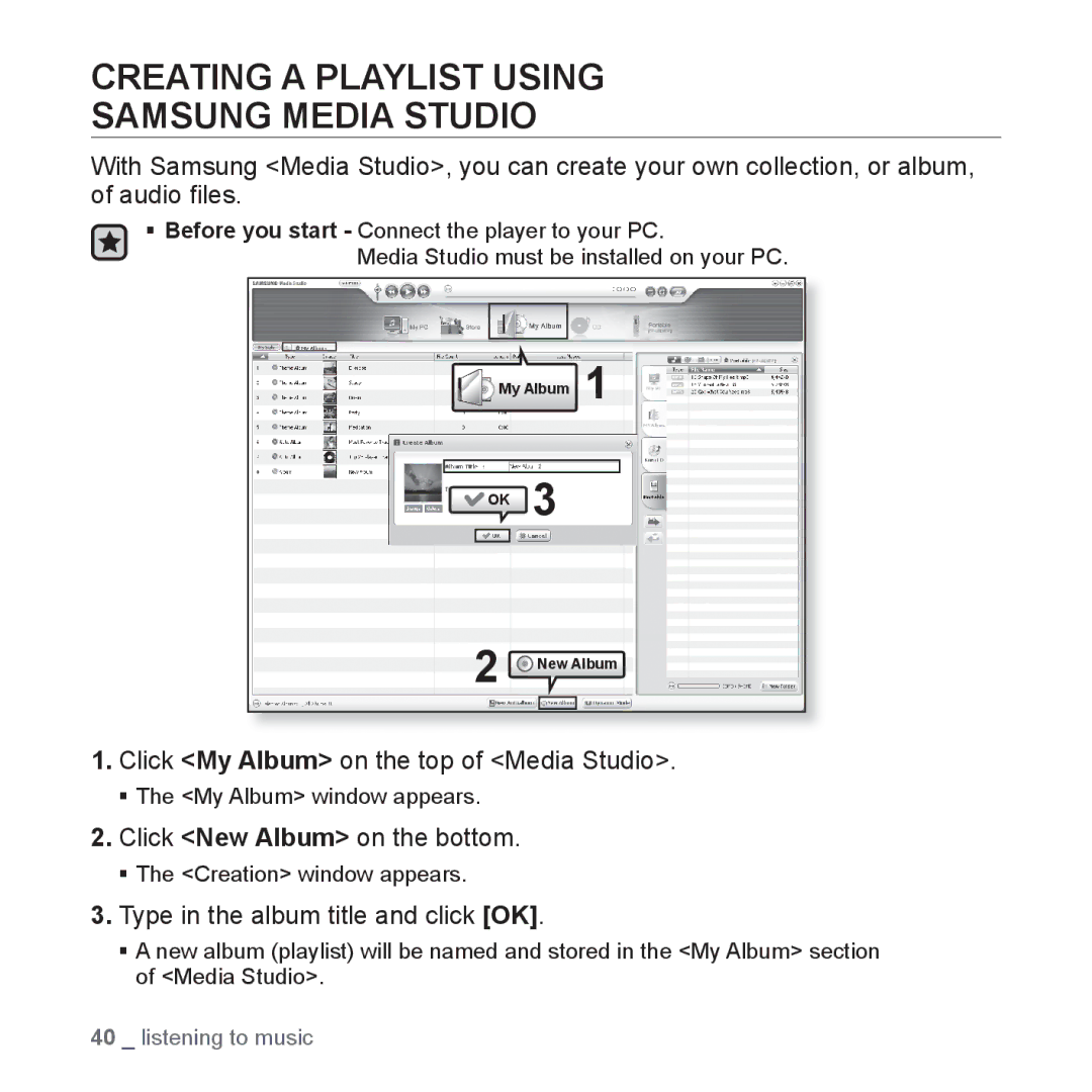 Samsung YP-U2RZW/XEH manual Creating a Playlist Using Samsung Media Studio, Click My Album on the top of Media Studio 