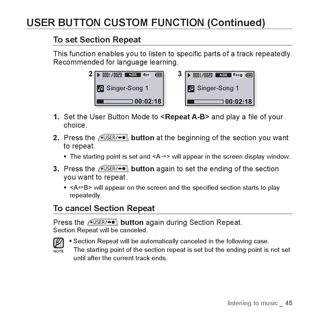 Samsung YP-U3JZB/XEE, YP-U3JZW/XEF, YP-U3JZB/XEF User Button Custom Function, Press the button again during Section Repeat 