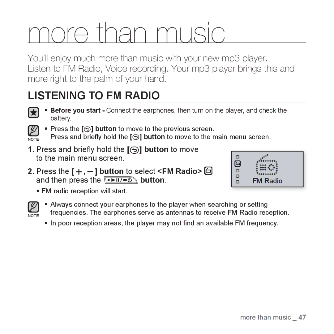 Samsung YP-U3ZB/XSP manual More than music, Listening to FM Radio, Press the , button to select FM Radio Then press Button 