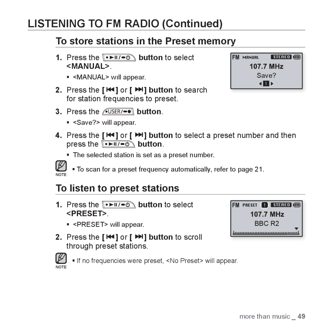 Samsung YP-U3JZB/XEF, YP-U3JZW/XEF, YP-U3JZP/XEF manual To store stations in the Preset memory, To listen to preset stations 