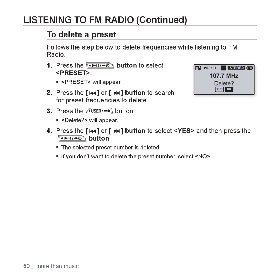 Samsung YP-U3JZP/XEF, YP-U3JZW/XEF, YP-U3JZB/XEF manual To delete a preset, Press the or button to select YES and then press 